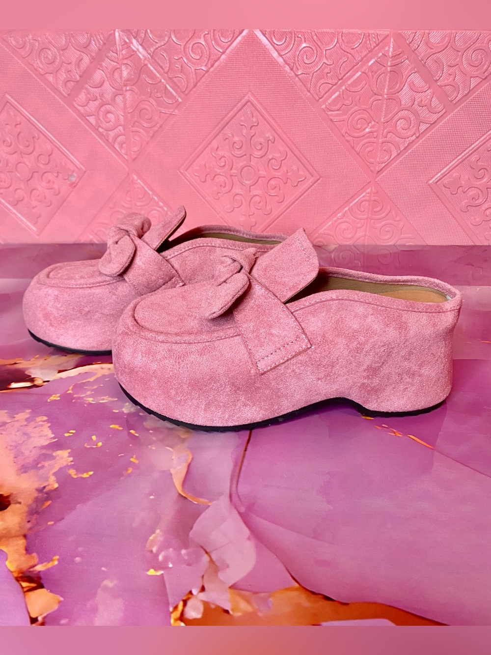 🎀🌷 Pink Suede Style Platform Loafers with Bow Knot Accent 🌷🎀 NWT